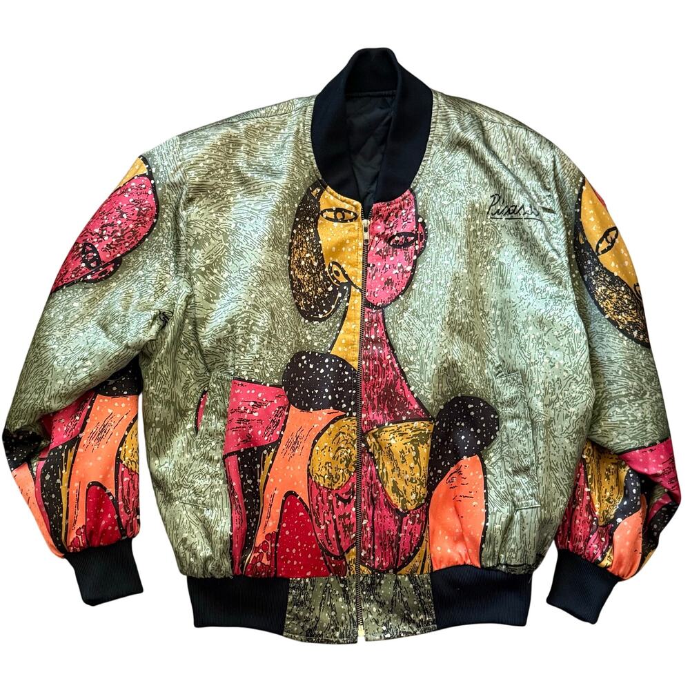 Vintage Picasso Silk Graphic Bomber Jacket 1990s Colorful Graphic womens L / XL
